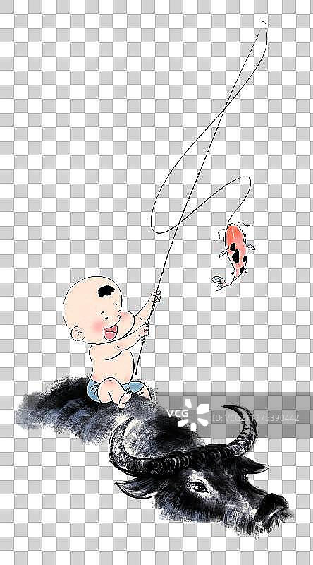 骑在牛背上钓鱼的儿童图片素材