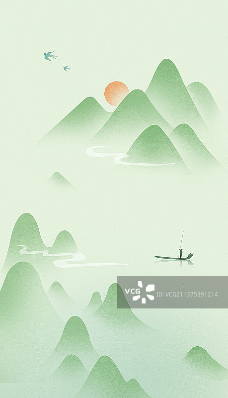 中国风山水划船意境清明端午夏至节气风景武夷山九曲竹筏漂流插画图片素材