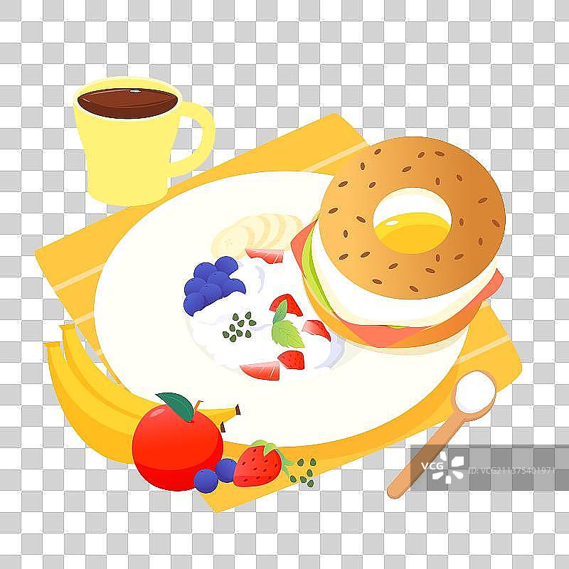 美味健康的酸奶面包咖啡早餐矢量插画元素图片素材