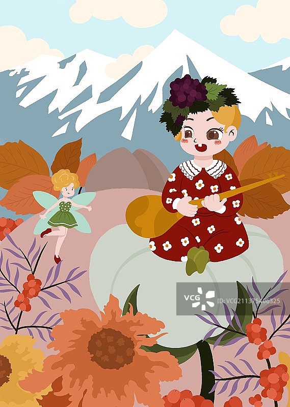 坐在棉花上弹琴的小女孩图片素材