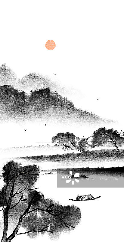 新中式风格山水风景插画图片素材