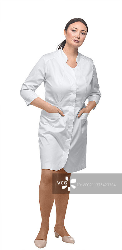 穿着白色医用外套的女人，白色背景隔离图片素材