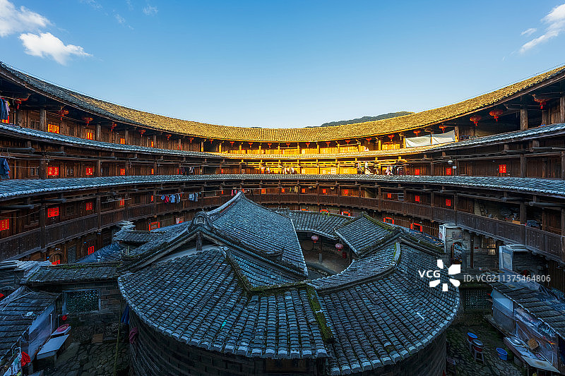 世界文化遗产、全国重点文物保护单位福建漳州市南靖县梅林镇坎下村云水谣——怀远楼内部空间图片素材