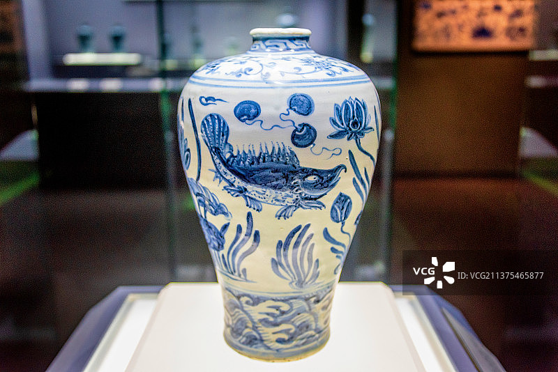 中国广西桂林博物馆馆藏明代青花富贵有余鱼藻纹梅瓶图片素材