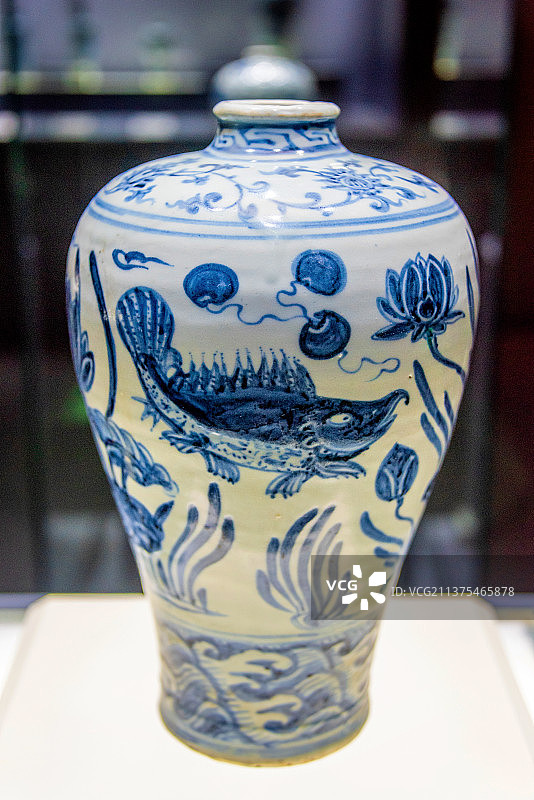 中国广西桂林博物馆馆藏明代青花富贵有余鱼藻纹梅瓶图片素材
