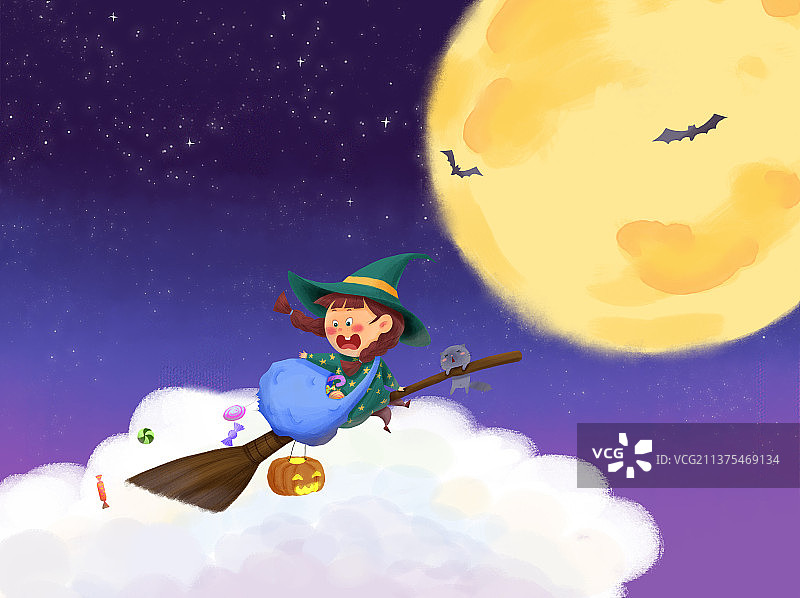 万圣节小女巫飞天扫帚漏糖图片素材
