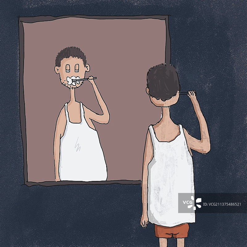 单身宅男在镜子前刷牙图片素材