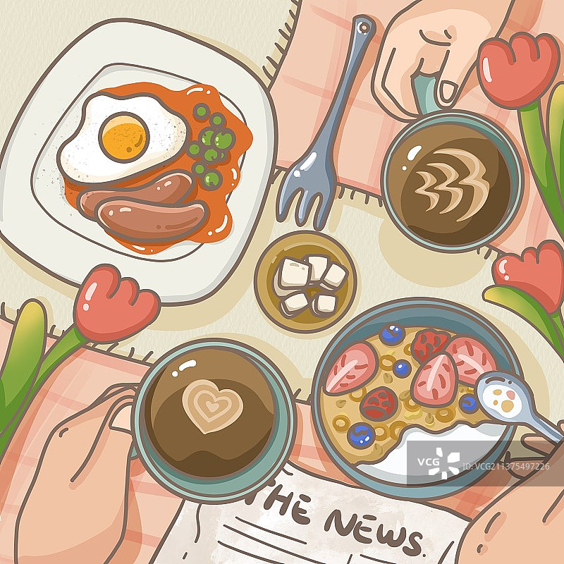 二人食早餐插画咖啡酸奶鸡蛋鲜花图片素材