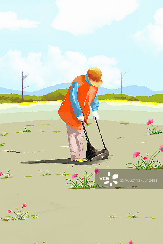 环卫工清洁工清理公园路边地上垃圾插画图片素材