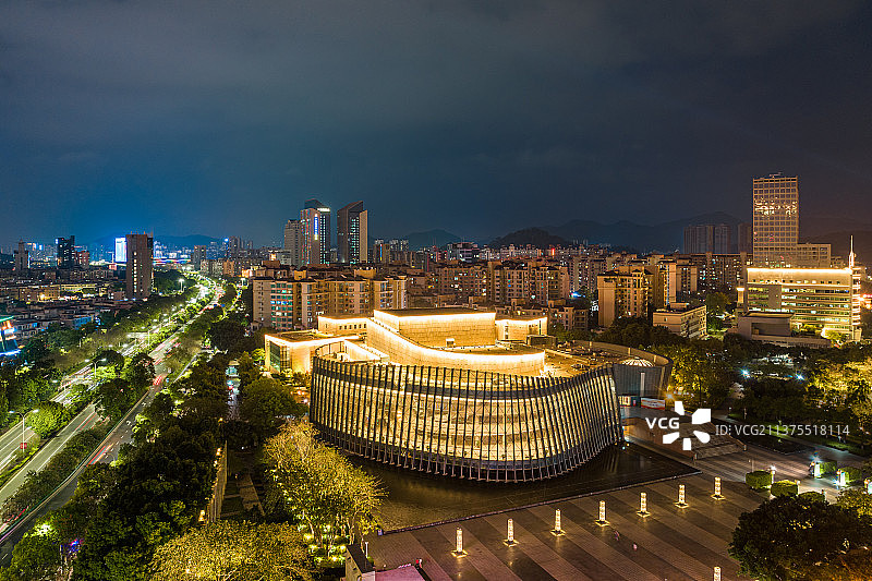 中山市文化艺术中心夜景航拍图片素材
