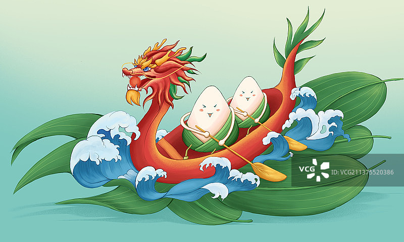 端午节粽子划龙舟中国风插画图片素材