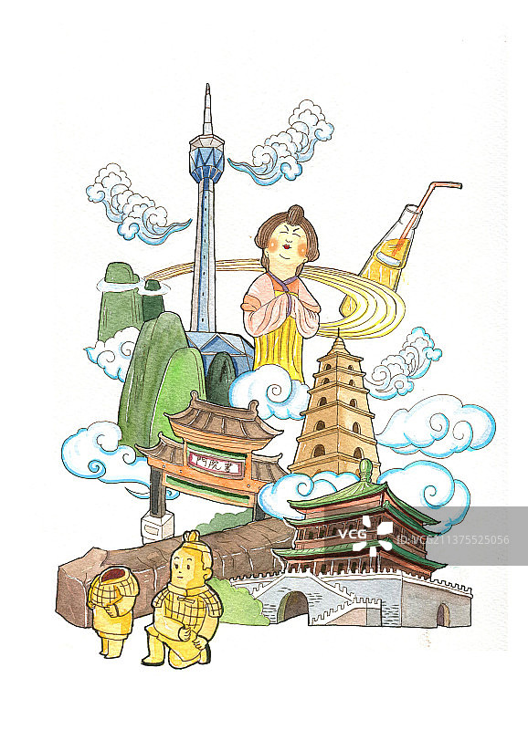 城市建筑地标插画之西安图片素材