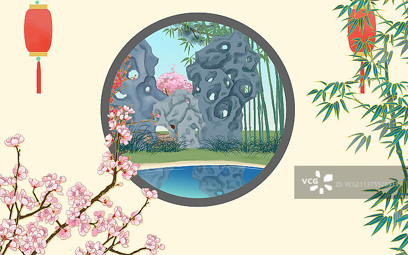 国风园林墙圆窗花竹风景图图片素材