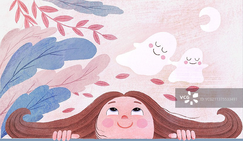 植物丛边望着天空的女孩和飞舞的灵魂图片素材