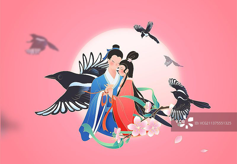浪漫七夕牛郎织女鹊桥插画图片素材