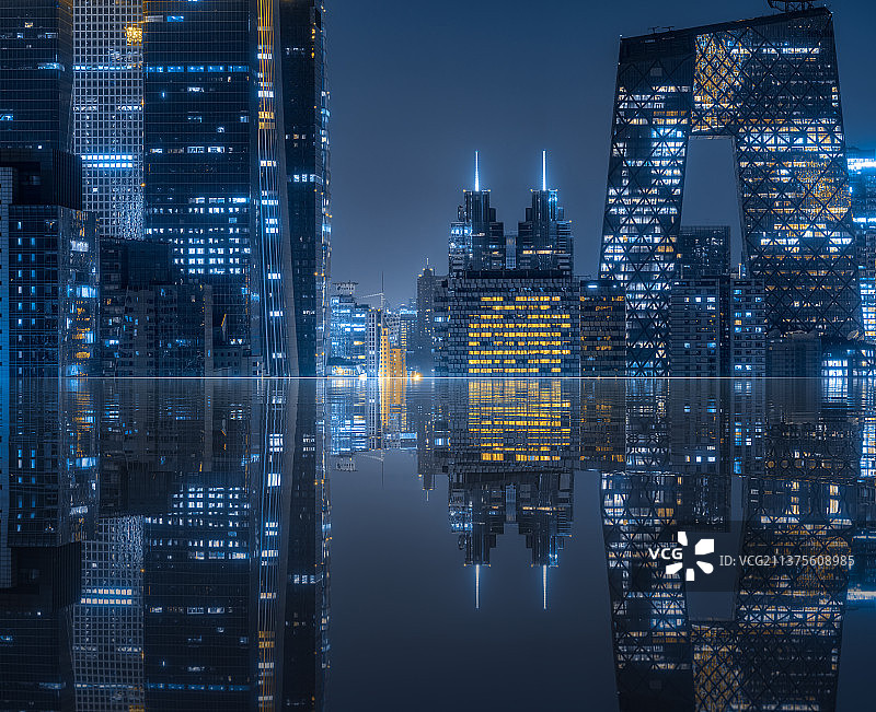 北京城市夜景赛博朋克风倒影水波图片素材