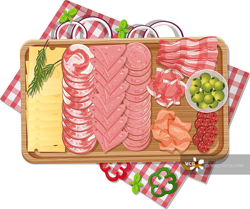 木制托盘上的午餐肉俯视图图片素材