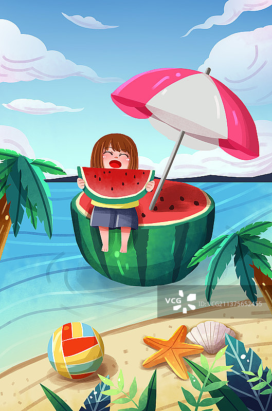 手绘蓝天白云海边西瓜遮阳伞西瓜立夏夏至大暑小暑沙滩插画图片素材