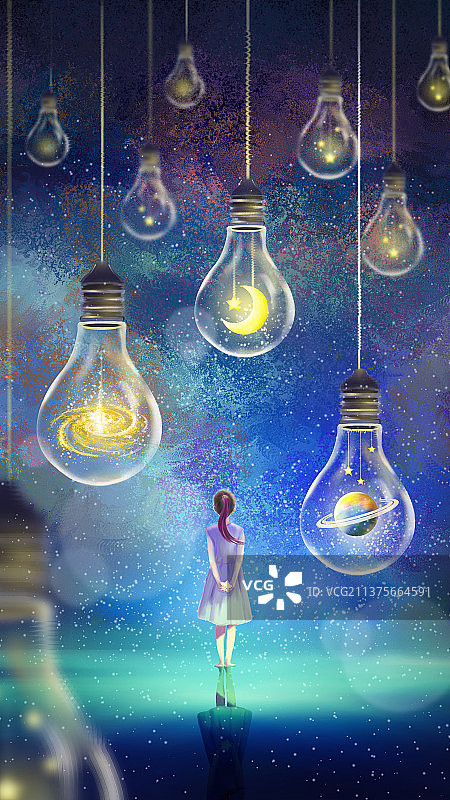 少女仰望着灯泡里的宇宙星辰插画壁纸图片素材