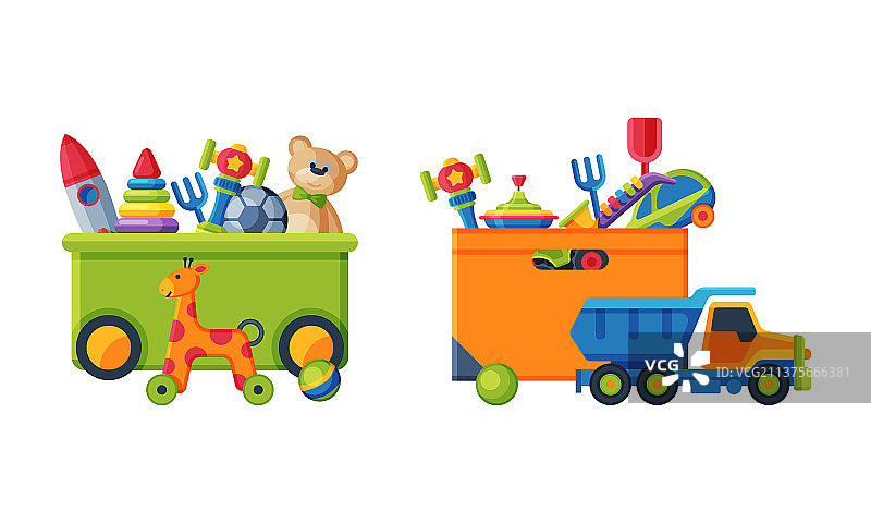 装满彩色儿童卡通玩具的盒子图片素材