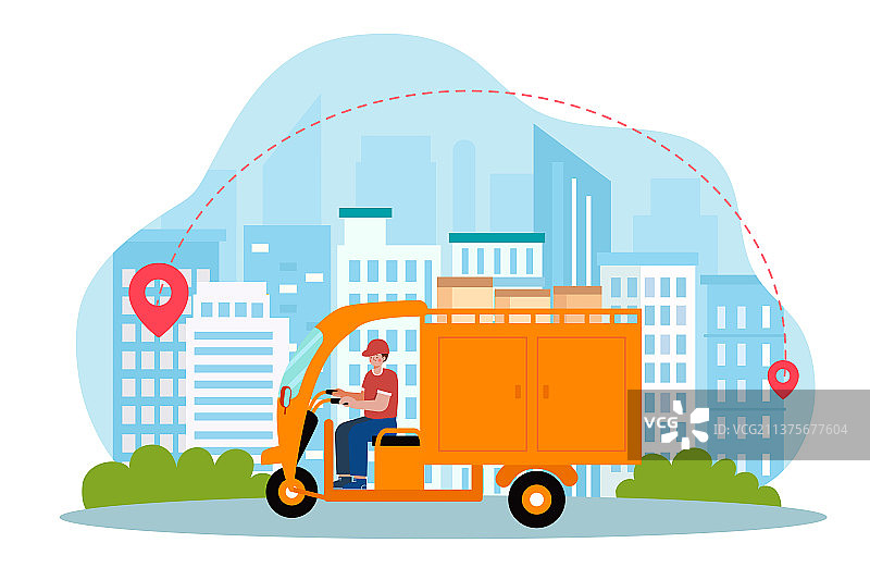 城市里骑三轮车送快递的快递员图片素材