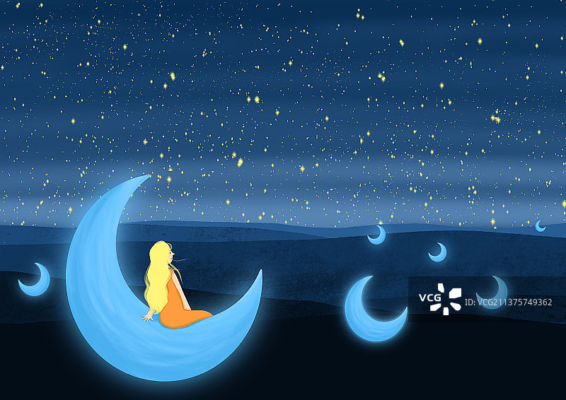坐着月亮上的女孩图片素材