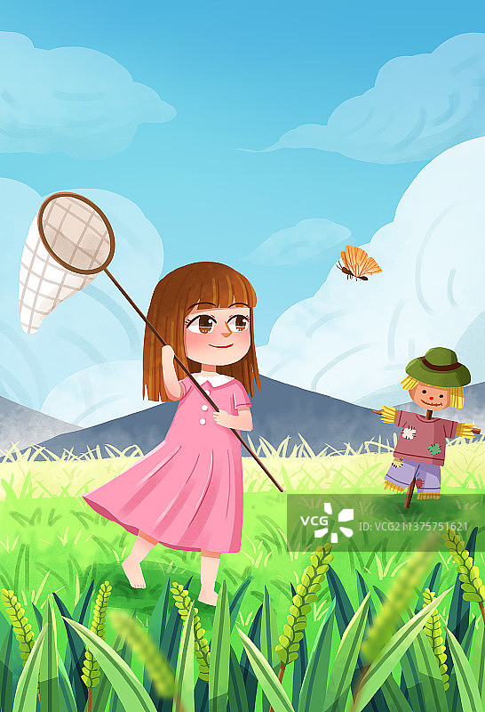 手绘小满节气小麦麦穗稻田女孩蝴蝶稻草人芒种插画图片素材