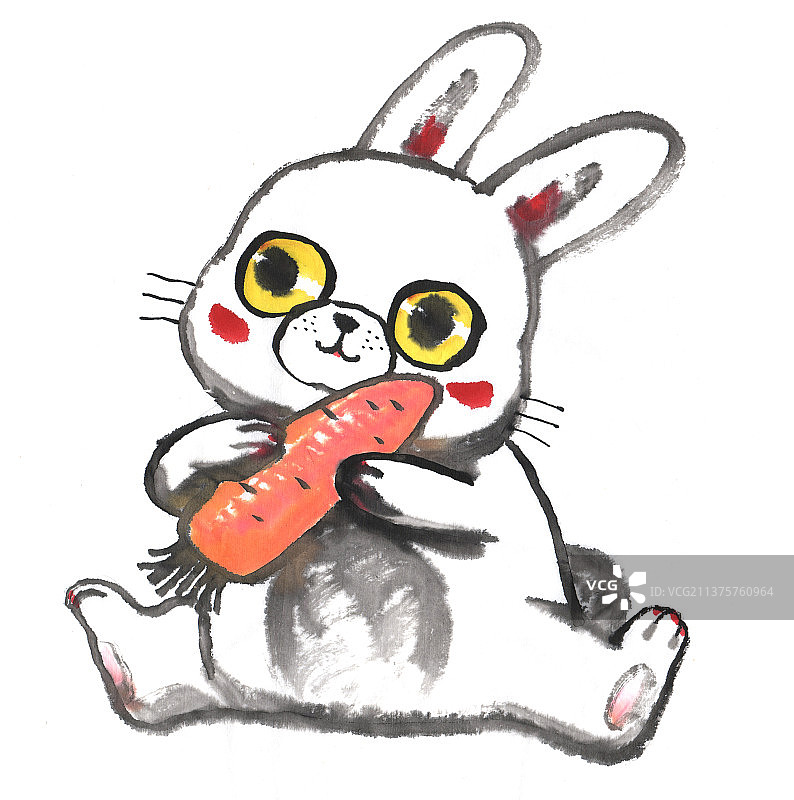 坐在地面上抱着红萝卜的可爱的兔子图片素材