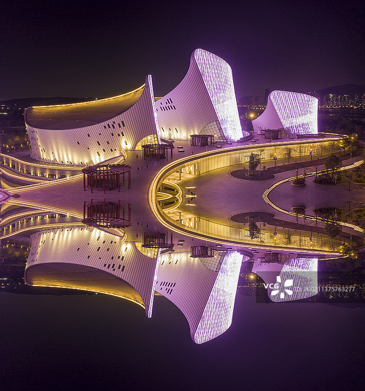 福州海峡艺术文化中心夜景城市景观倒影图片素材