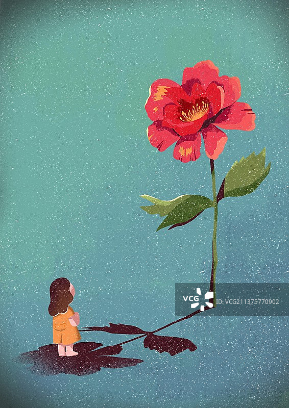 一个小女孩站在花的影子下面望向花朵图片素材