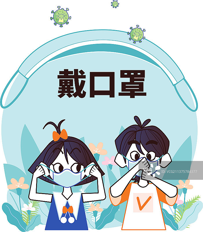 男孩女孩一起戴好口罩保护自己隔绝病毒认真防疫图片素材