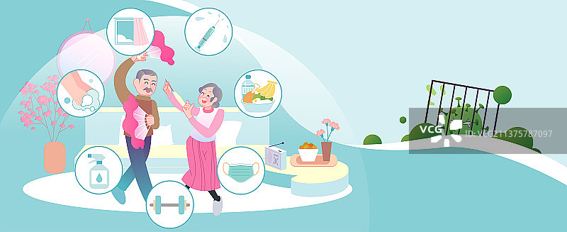 老年夫妻居家隔离健康保护防疫远离病毒横板图片素材