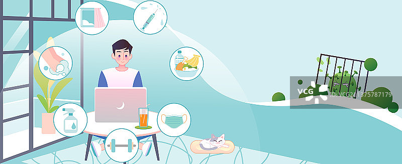 独居男青年居家隔离健康保护防疫远离病毒横版图片素材