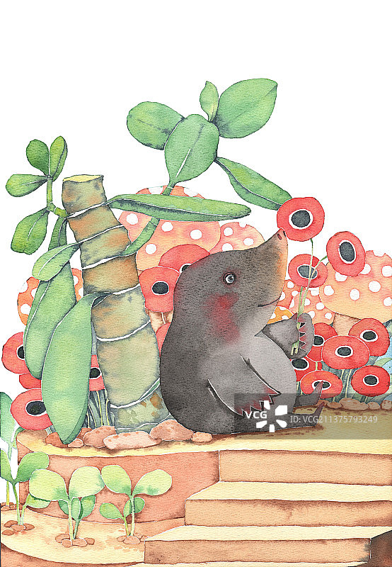 坐在台阶上的小鼹鼠图片素材