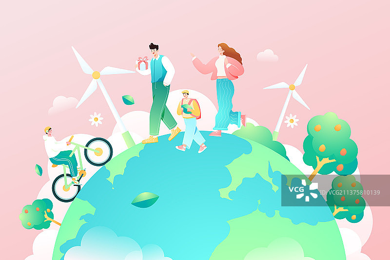 卡通环保低碳出行自行车交通方式绿树生态环境保护世界地球日循环充电桩核能电能亲子游家庭渐变矢量插画图片素材