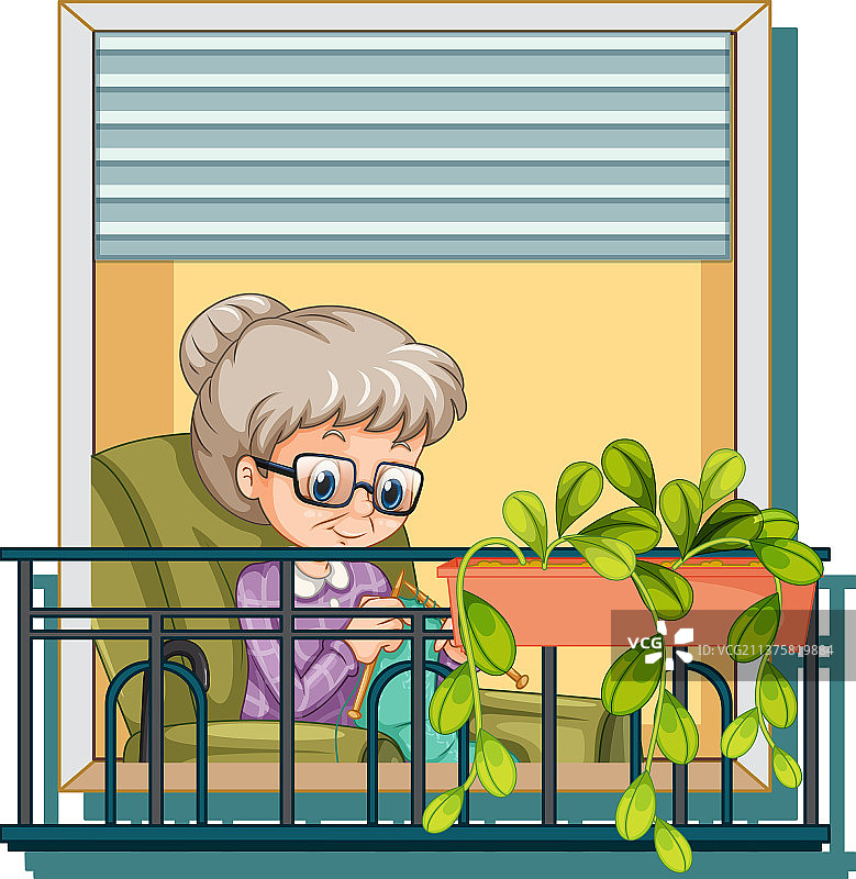 透过窗户看奶奶织毛衣图片素材