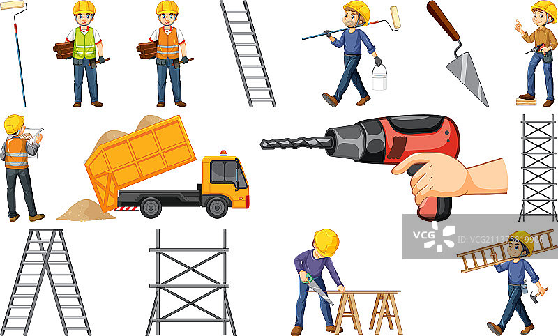 建筑工人与工具套装图片素材