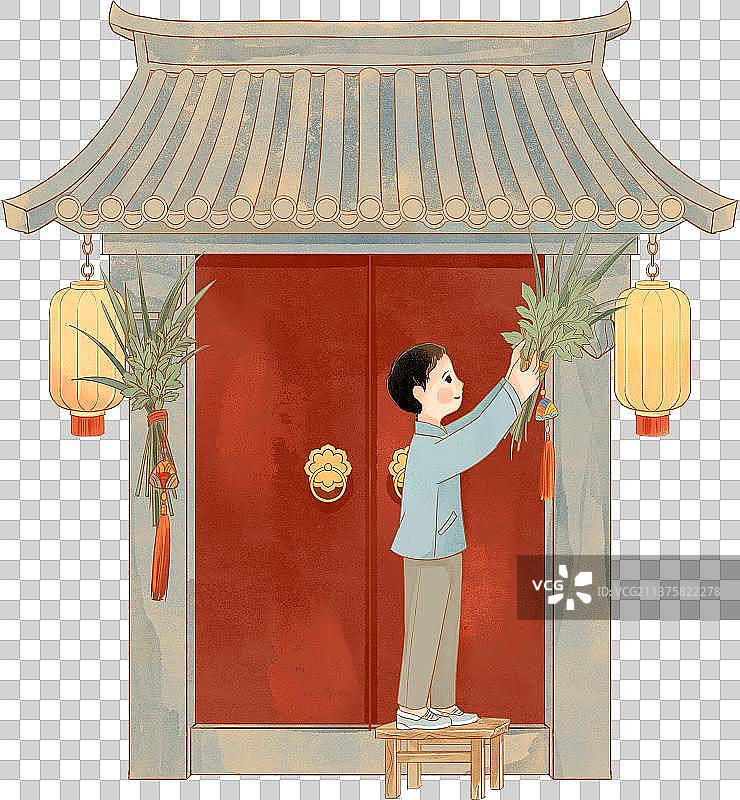 中国端午节传统民俗习俗挂艾草菖蒲香囊国潮插画图片素材