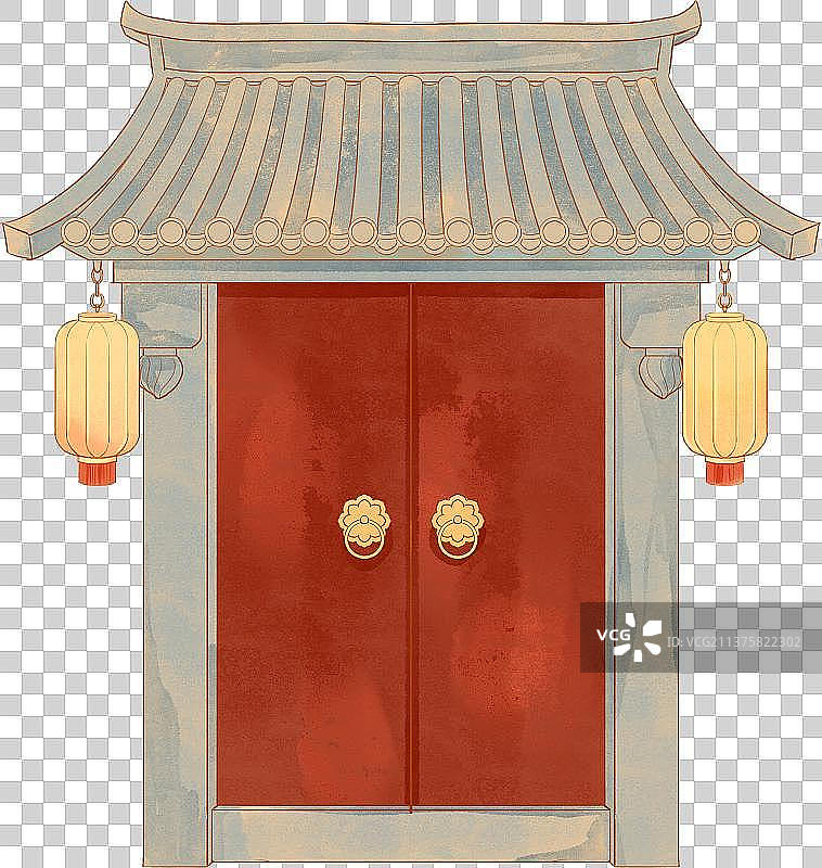 中国传统对开大门灯笼插画图片素材