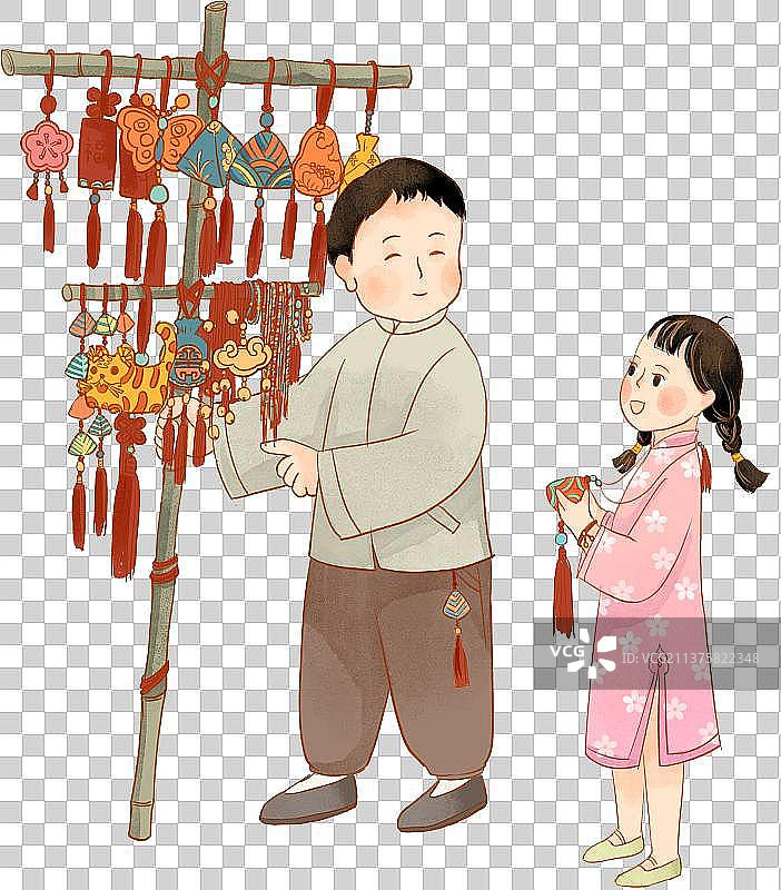 中国端午节传统民俗习俗佩香囊五色线女孩男子国潮插画图片素材