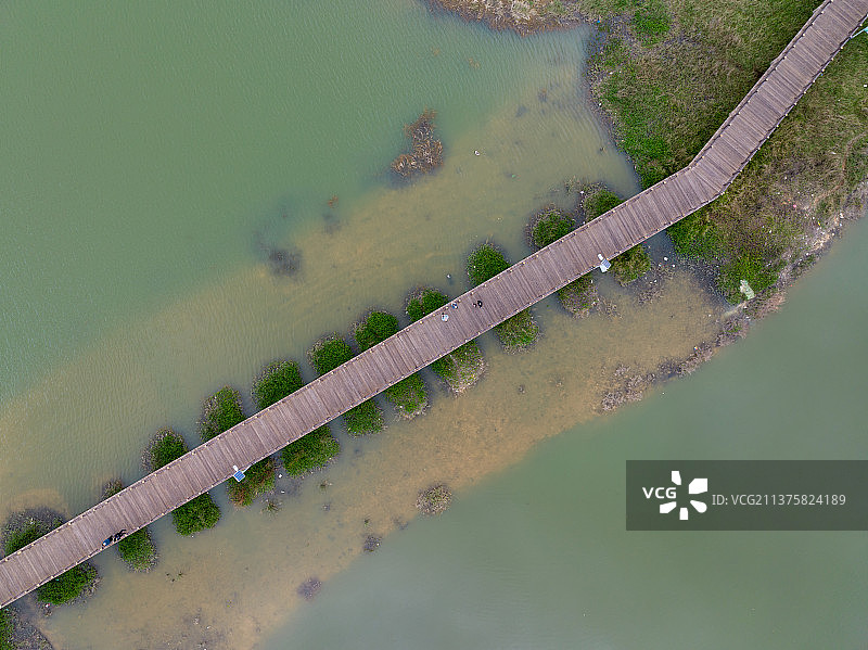 航拍视角，福州森林公园八一水库木栈道图片素材