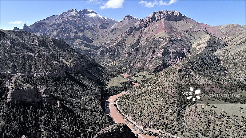 三江源国家公园昂赛风光，航拍，远处雪山和近处的峡谷图片素材