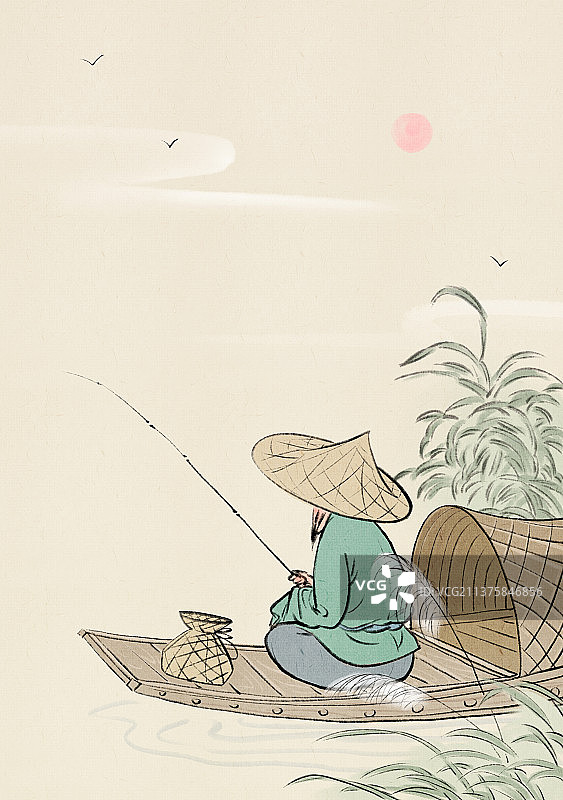 夏日渔夫江河边小船上垂钓复古风格插画图片素材