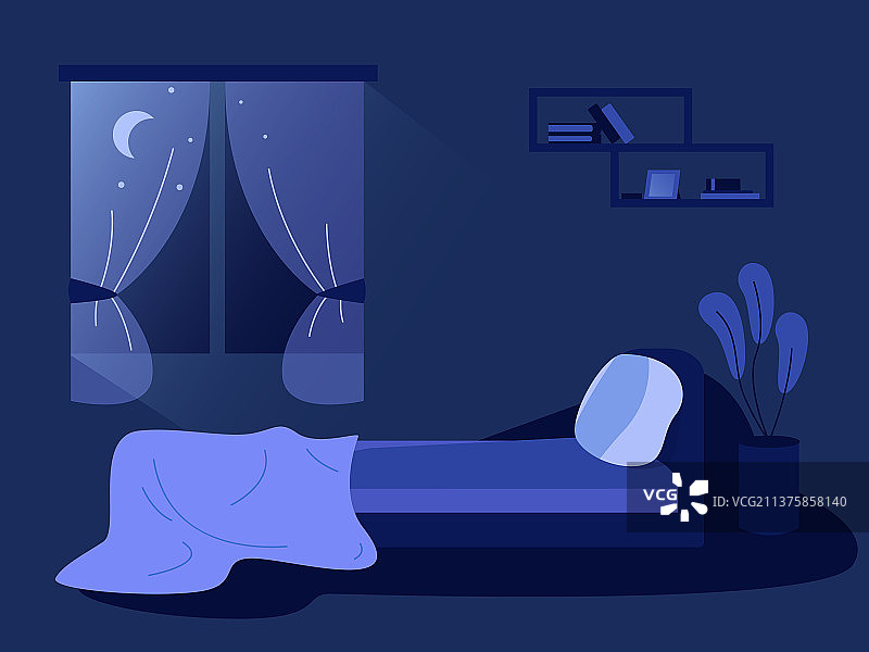 手绘夜间卧室内部睡眠场所图片素材