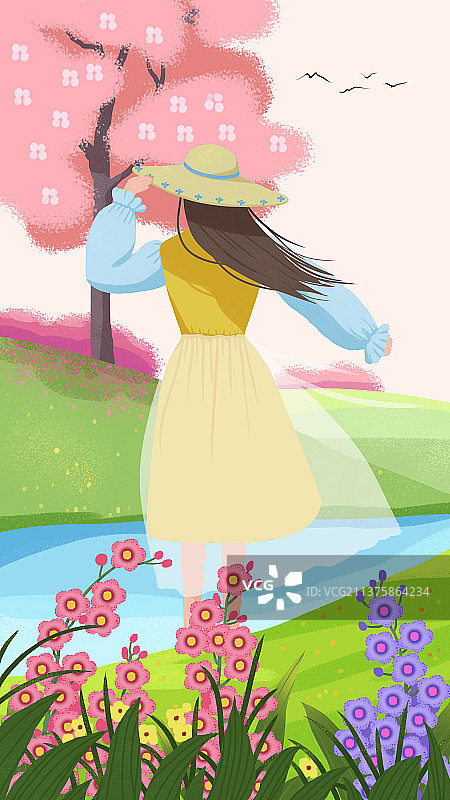 春天偏平风插画图片素材