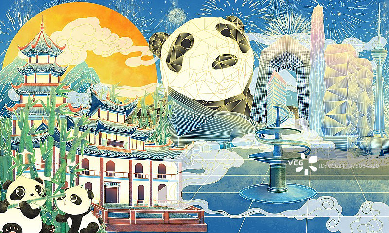 网红城市地标建筑插画四川成都图片素材