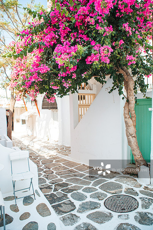 蓝色阳台小岛上的狭窄街道与楼梯图片素材