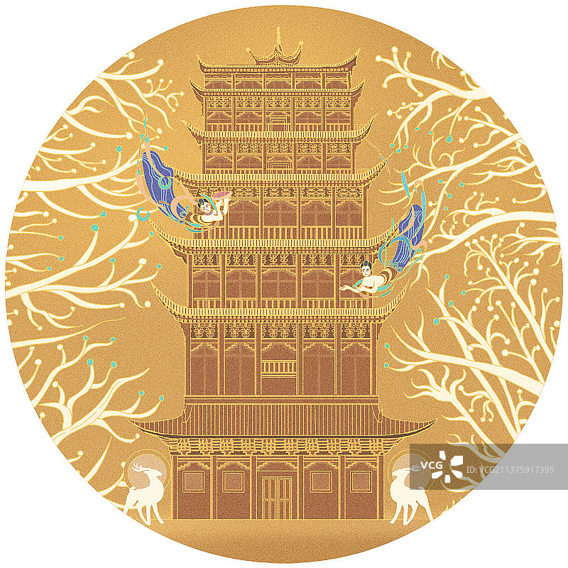甘肃敦煌莫高窟飞天中国风创意插画图片素材