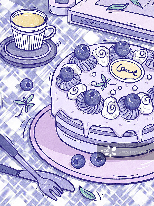 紫色治愈水彩风蛋糕甜品插画图片素材