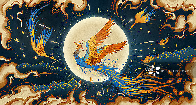 百鸟朝凤国风插画图片素材